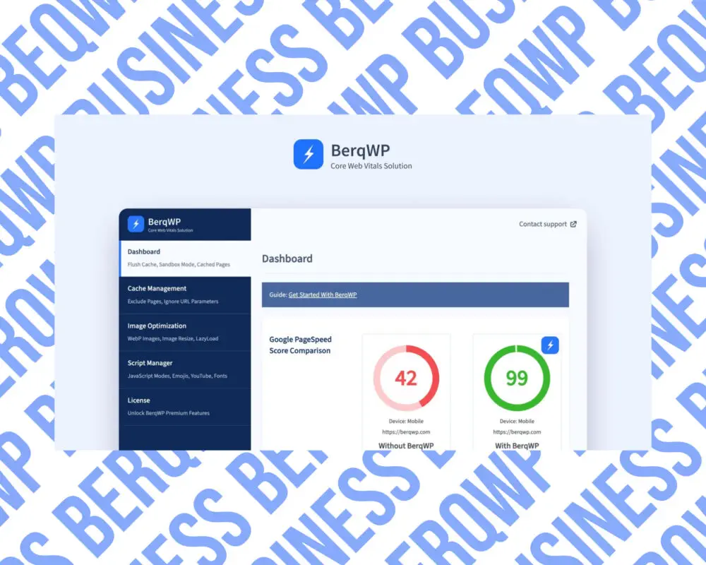 BerqWP dashboard showing speed score comparison.
