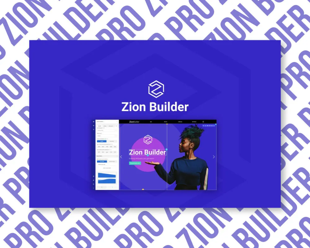Zion Builder interface with blue design elements.